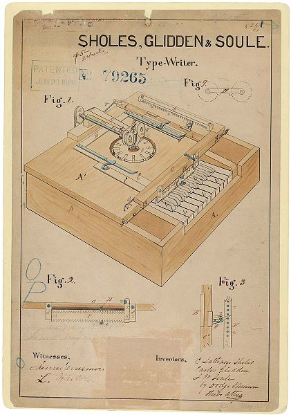 Sholes and Glidden typewriter documentation.  The machine, patented on June 23, 1868, resembled "a cross between a piano and a kitchen table."